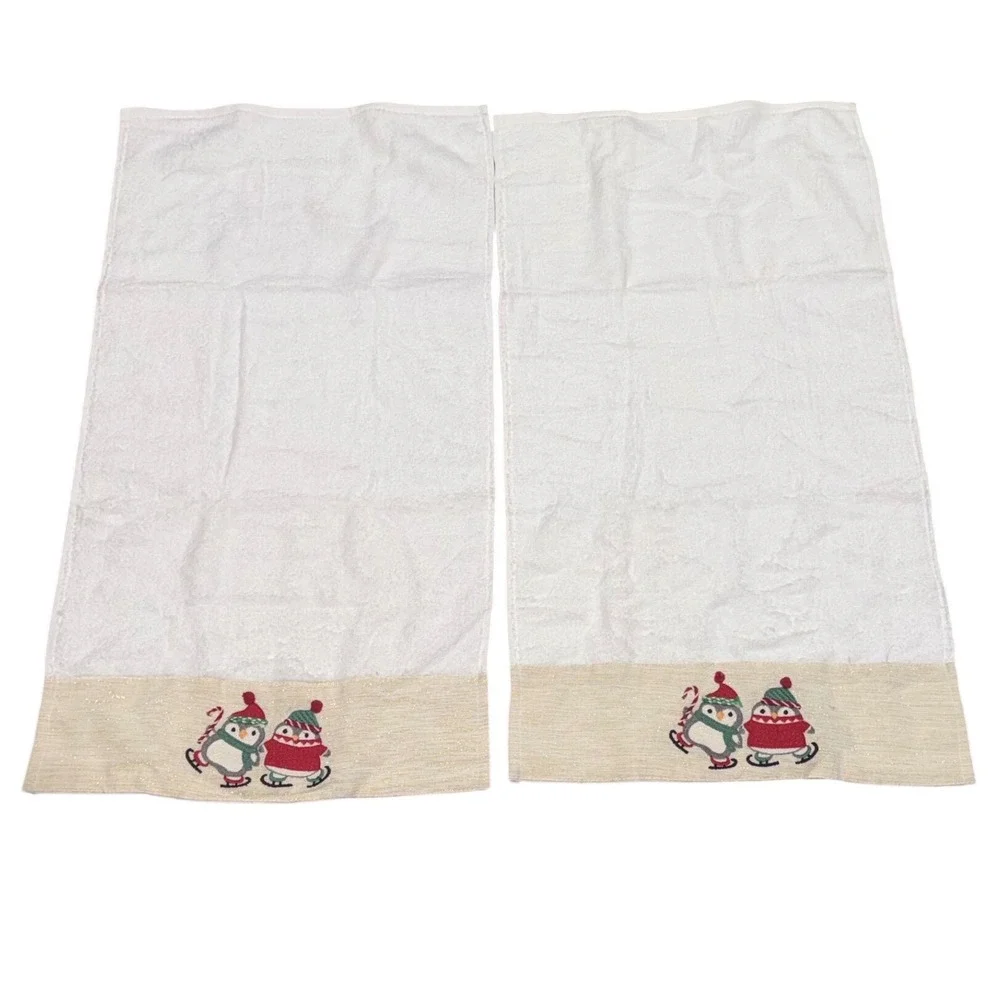 Glitz & Glimmer Christmas Penguin Ice Skating Hand Towels Set of 2 White Gold